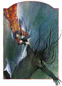 Beowulf is pulled beneath the tarn
by Grendel's dam.