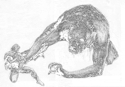 Beowulf grapples with the monster.