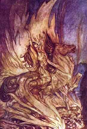 Brunhilde rides Grane into Siegfried's
funeral pyre.