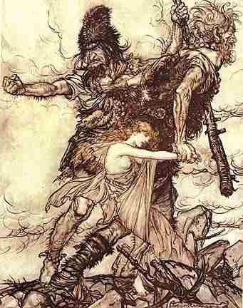 Freya, Goddess of youth, is taken by the Giants Fasholt and Fafner in payment for the building of the walls of Asgard. 