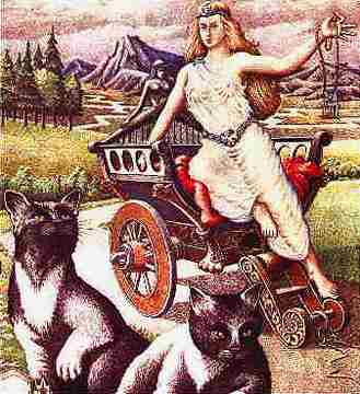 Freya in her Cat-drawn wagon.