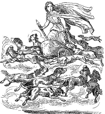 The Goddess in Her chariot drawn by dogs.