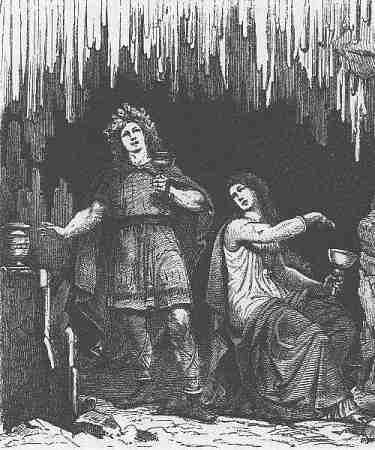 Odin's visit with Gunnlodh. You can see the three containers of the Mead of Inspiration Son, Odhroerir, and Bodn. (Thought the chalaces and beaker seem quite small for 'vats'.