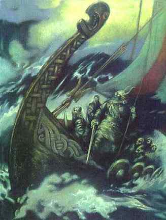 Loki on the dire ship of doom, Nagfalar, made from dead men's nails.
