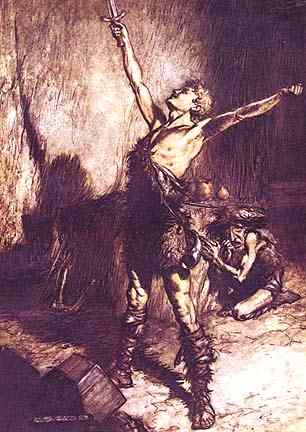 Siegfried holds aloft his father Siegmund's magical sword Nothung.