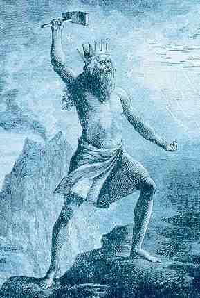 An old illustration of Thor. In parts of Scandinavia, Thor was considered "King" of the Gods. With the volcano in the background, this looks like Iceland.