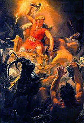 Thor in His chariot thrashes trolls and giants