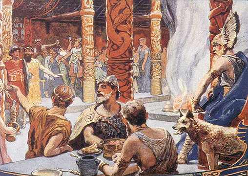 A great feast of the Einherrar is held in Valhall as Odin watches.