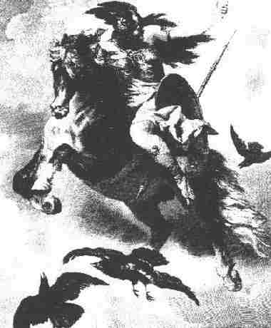 Valkyrie in flight among ravens