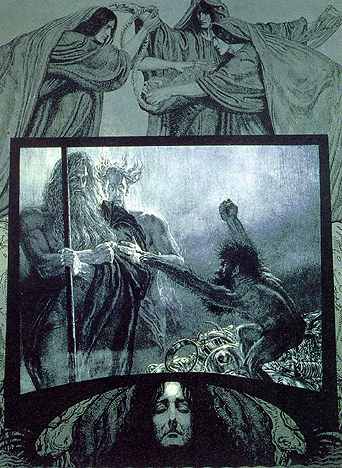 The Norns above and Erda below look on as Wotan and Loge visit Alberich.