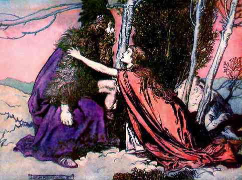 Brunhilde tries to comfort her father, Wotan.