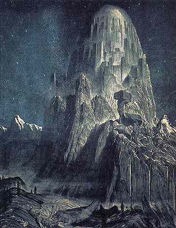 Giants carry huge blocks of stone up a mountain to build Asgard.