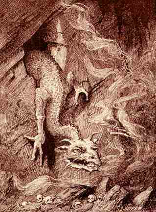 An old illustration of Fafner emerging from his cave-lair.