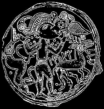 Bracteate from the migration period, with entwined snakes, a wolf, bird and bird headdress, hart, and runic inscription Laukaz.