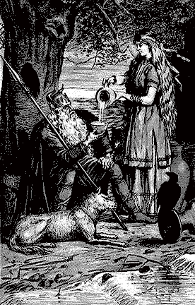 Beneath Yggdrasil, Saga pours mead for Allfather, while His ravens and wolves look on. One raven perches on Gungnir, Oden's spear.