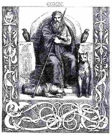 Odin enthroned with the wolves Freki and Geri, and the ravens Huginn and Muninn. He is holding his spear Gungnir.