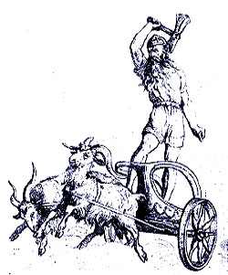 An old illustration of Thor in his chariot drawn by goats. 