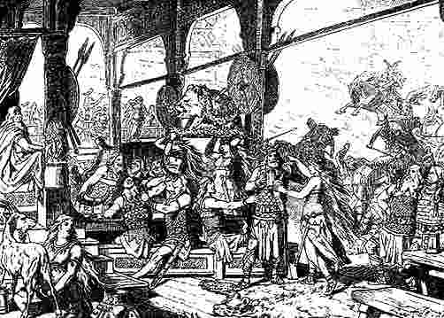A boisterous feast in Valhall.
 Note Saehrimnir, the sacred boar, on which the Einherrar feast. 
The boar is always made whole again after being consumed. 