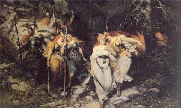 Brunhilde tells Sieglinde to take the shards of Nothung and flee, while the other valkyries look on.